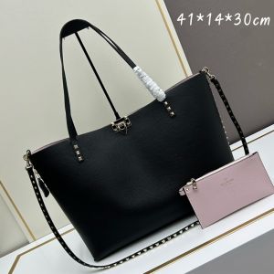 Valentino Small Rockstud Tote with Interior Pouch In Grainy Calfskin Black