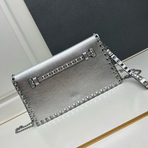 Valentino Large Rockstud Wristlet Clutch with Chain In Grainy Calfskin Silver