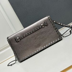 Valentino Large Rockstud Wristlet Clutch with Chain In Grainy Calfskin Silver Grey