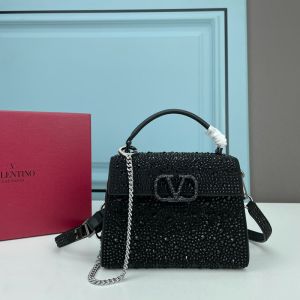 Valentino Mini Vsling Handbag with Crystals Logo In Sparkling Studs Embroidered Calfskin Black
