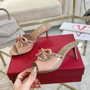 Valentino Rockstud Bow Mules 60MM Women Patent Leather Taupe
