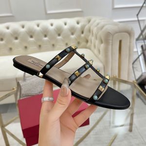 Valentino Rockstud Flat Slides with Cabochon Stones Women Calfskin Black