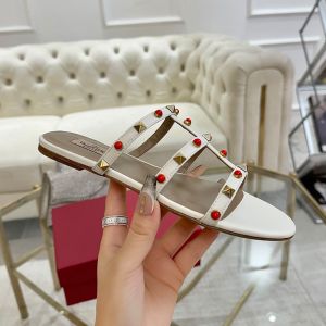 Valentino Rockstud Flat Slides with Cabochon Stones Women Calfskin White