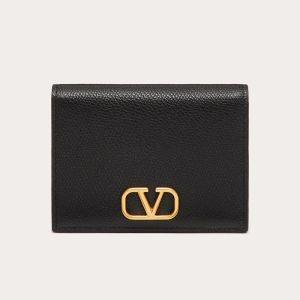 Valentino Small Compact VLogo Signature Wallet In Grainy Calfskin Black