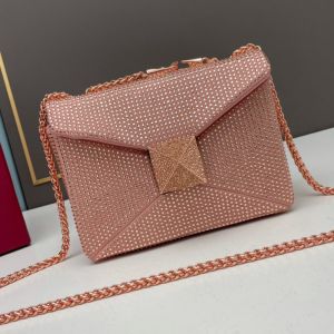 Valentino Small One Stud Crossbody Bag with Chain In Sparkling Crystals Embroidered Calfskin Pink