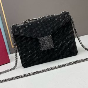 Valentino Small One Stud Crossbody Bag with Chain In Sparkling Studs Embroidered Calfskin Black