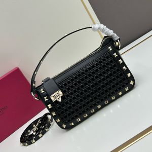 Valentino Small Rockstud Crossbody In Woven Raffia Black