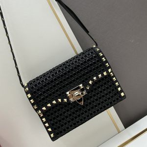 Valentino Small Rockstud Flap Crossbody In Woven Raffia Black