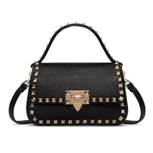 Valentino Small Rockstud Flap Handbag In Grainy Calfskin Black