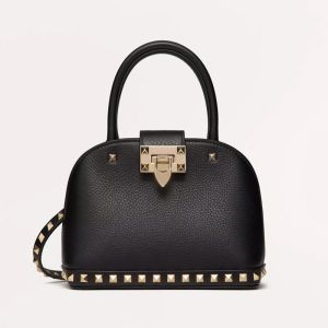 Valentino Small Rockstud Hook Handbag In Grainy Calfskin Black
