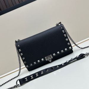 Valentino Small Rockstud Wallet On Chain In Grainy Calfskin Black