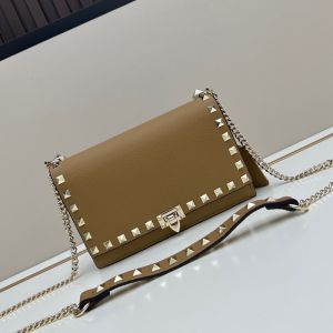 Valentino Small Rockstud Wallet On Chain In Grainy Calfskin Camel
