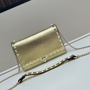 Valentino Small Rockstud Wallet On Chain In Grainy Calfskin Gold