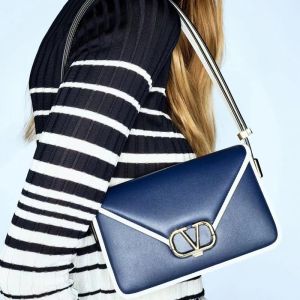Valentino Small VLogo Flap Shoulder Bag In Calfskin Navy Blue