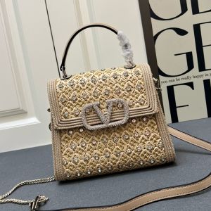 Valentino Small Vsling Handbag with Crystals Logo In Rhinestones Embroidered Raffia Beige