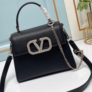 Valentino Small Vsling Handbag with Crystals Logo In Grained Calfskin Black