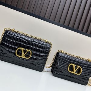 Valentino Vain Shoulder Bag In Crocodile Embossed Leather Black