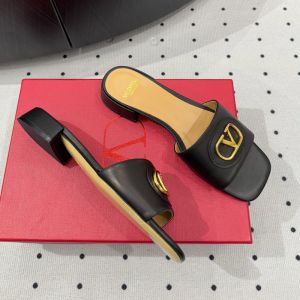 Valentino Vlogo Plaque Slides 20MM Women Calfskin Black