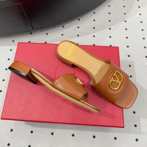 Valentino Vlogo Plaque Slides 20MM Women Calfskin Brown