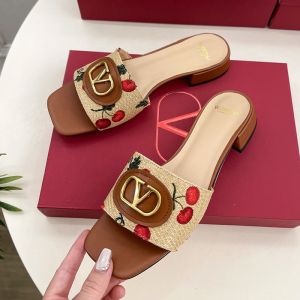 Valentino Vlogo Plaque Slides 20MM Women Cherryfic Motif Raffia Brown
