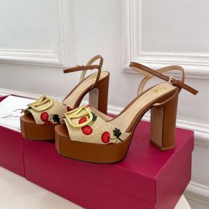 Valentino Vlogo Signature Platform Sandals 115MM Women Cherryfic Motif Raffia Brown