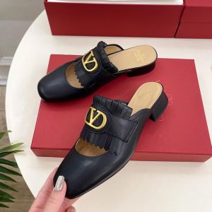 Valentino Vlogo Signature Moccasin Mules 25MM Women Fringed Calfskin Black