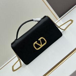 Valentino Vlogo Signature Wallet with Chain Strap In Grainy Calfskin Black