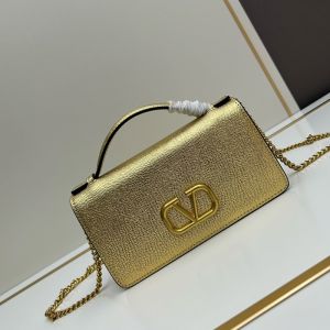 Valentino Vlogo Signature Wallet with Chain Strap In Grainy Calfskin Gold