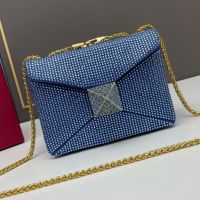 Valentino Small One Stud Crossbody Bag with Chain In Sparkling Crystals Embroidered Calfskin Navy Blue