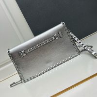 Valentino Large Rockstud Wristlet Clutch with Chain In Grainy Calfskin Silver