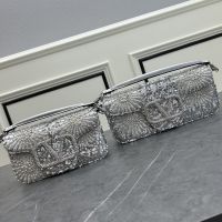 Valentino Loco Shoulder Bag with 3D Floral and Sequins In Calfskin Silver