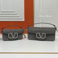Valentino Loco Shoulder Bag with Crystals Logo In Rhinestones Embroidered Calfskin Grey