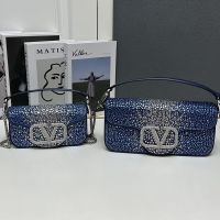 Valentino Loco Shoulder Bag with Crystals Logo In Rhinestones Embroidered Denim Blue/Silver