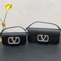 Valentino Loco Shoulder Bag with Crystals Logo In Calfskin Black
