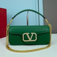 Valentino Loco Shoulder Bag with Crystals Logo In Calfskin Green
