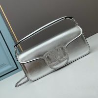 Valentino Loco Shoulder Bag with Crystals Logo In Calfskin Silver