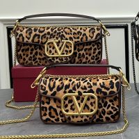 Valentino Loco Shoulder Bag In Leopard Suede Brown