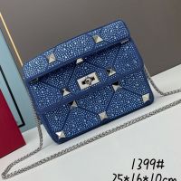 Valentino Medium Roman Stud Shoulder Bag In Rhinestones Embroidered Calfskin Navy Blue