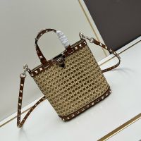 Valentino Mini Rockstud Bucket Bag In Synthetic Raffia Beige