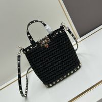 Valentino Mini Rockstud Bucket Bag In Synthetic Raffia Black