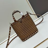 Valentino Mini Rockstud Bucket Bag In Synthetic Raffia Brown
