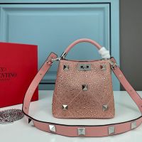 Valentino Mini Roman Stud Handbag In Sparkling Crystals Embroidered Nappa Leather Cherry