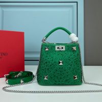 Valentino Mini Roman Stud Handbag In Sparkling Crystals Embroidered Nappa Leather Green