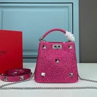 Valentino Mini Roman Stud Handbag In Sparkling Crystals Embroidered Nappa Leather Rose