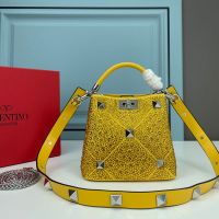 Valentino Mini Roman Stud Handbag In Sparkling Crystals Embroidered Nappa Leather Yellow