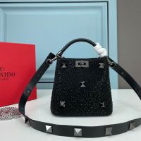 Valentino Mini Roman Stud Handbag In Sparkling Studs Embroidered Nappa Leather Black