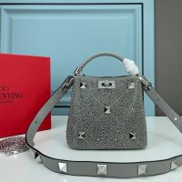 Valentino Mini Roman Stud Handbag In Sparkling Studs Embroidered Nappa Leather Grey