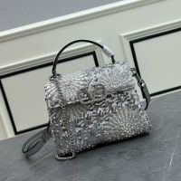 Valentino Mini Vsling Handbag with Crystals Logo In 3D Floral and Sequins Embroidered Calfskin Silver