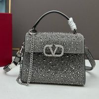 Valentino Mini Vsling Handbag with Crystals Logo In Sparkling Studs Embroidered Calfskin Grey