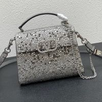 Valentino Mini Vsling Handbag with Crystals Logo In Sparkling Studs Embroidered Calfskin Grey/White